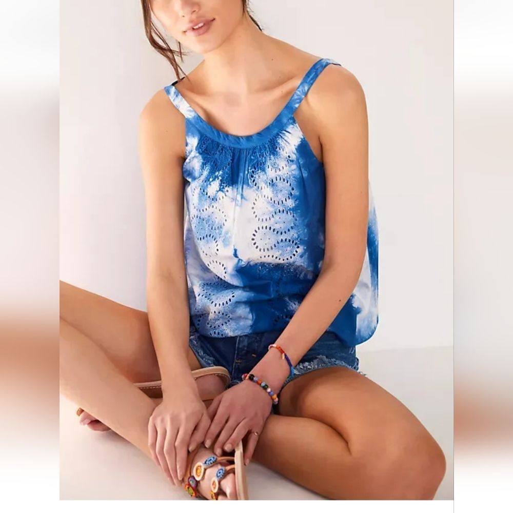 Anthropologie Blue Tie-Dye Eyelet Tank Top